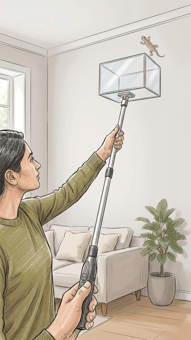 Person using LizAway to catch a lizard on the wall